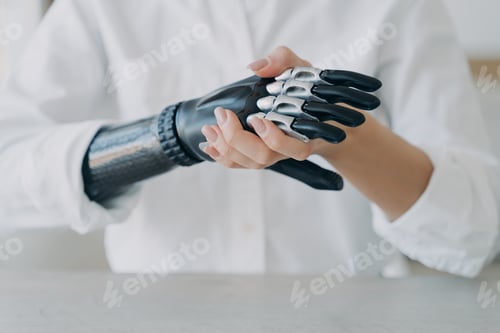 Preview: High tech carbon electronic hand. Modern technology for wellbeing. Rehabilitation after trauma.