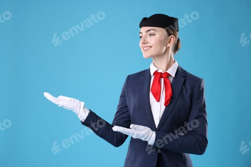 Preview: Beautiful stewardess showing something on light blue background. Space for text