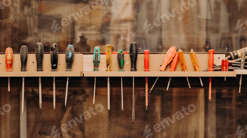 Preview: row of screwdrivers fastened on dusty shelf