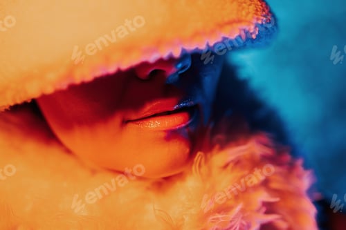 Preview: Shiny gloss on plump lips. Neon light. Woman in winter outfit, bucket hat