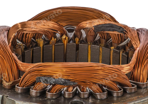 Preview: Closeup detail on an electric machine winding, isolated on white background