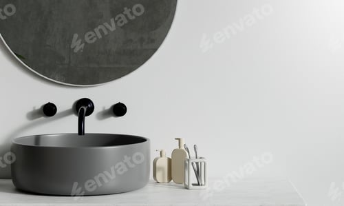 Preview: Elegant bathroom vignette with dark sink and round mirror, 3D render illustration.