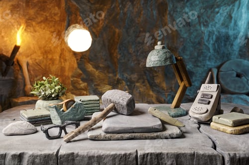 Preview: Funny prehistoric office desk in a cave