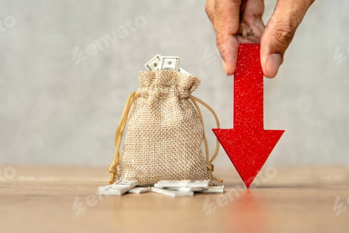 Preview: A burlap sack filled with dollar bills and a hand holds a large red arrow pointing downwards.