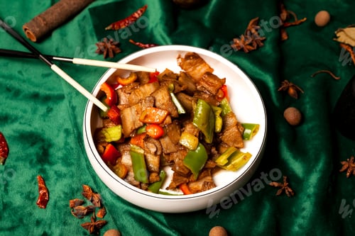 Preview: Twice Cooked Pork With Peppers At A Chinese Restaurant On Green Velvet
