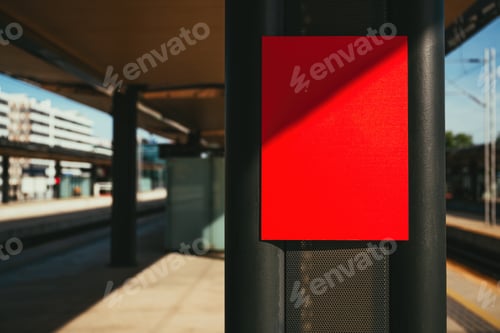 Preview: Red information sign board mockup on train station