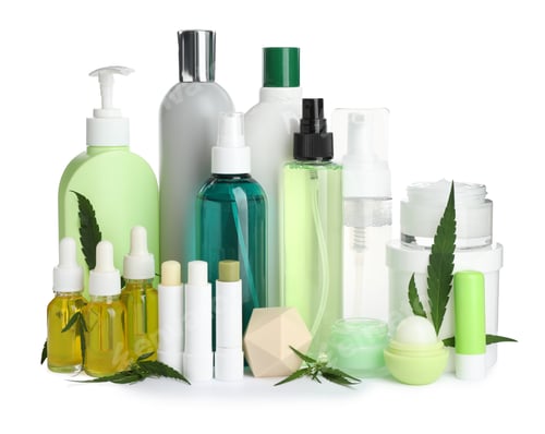 Preview: Set of hemp cosmetics with green leaves isolated on white