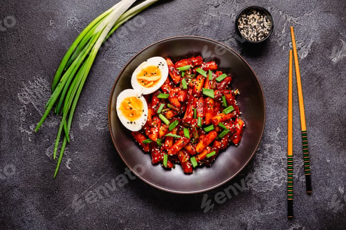 Preview: Tteokbokki, Teopokki fried rice cake in black bowl.