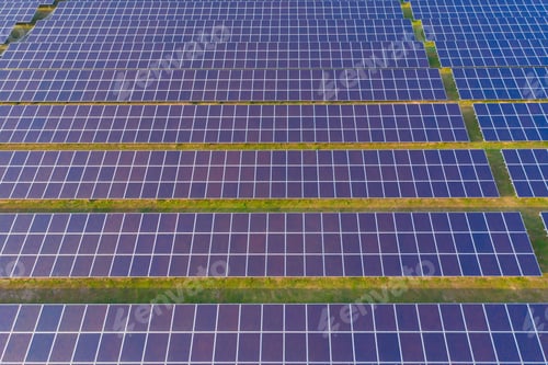 Preview: Aerial view of solar panels or solar cells on the roof in farm. Power plant for electric in industry