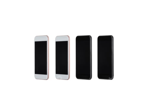 Preview: set of white and black smartphones with blank screens isolated on white
