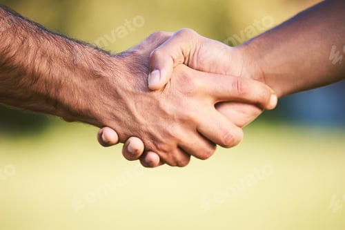 Preview: Shaking hands, sports and team collaboration of men, exercise challenge or trust. Handshake, rugby