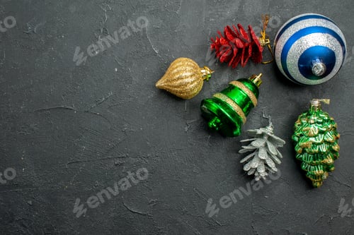 Preview: top view christmas tree toys on dark background photo color holiday new year free space