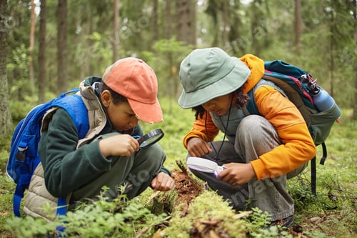 Preview: Two Children Exploring Forest Floor with Magnifying Glasses