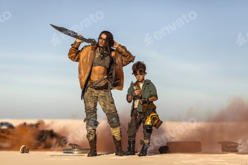 Preview: Post apocalyptic Woman and Boy Outdoors in a Wasteland