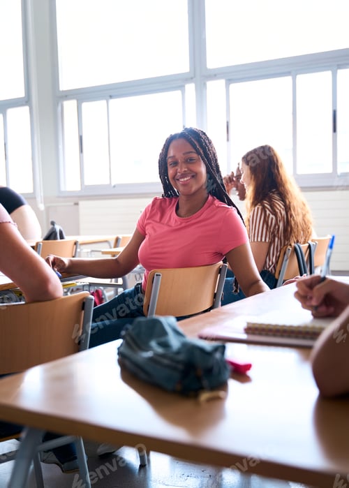Visualização: Grupo de estudantes universitários em uma sala de aula. Garota afro-americana olha para a câmera