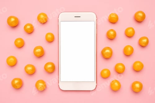 Preview: Mobile Phone with Gold Spheres on Pink Background