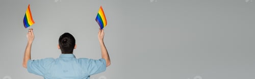 Preview: Back view of young gay man holding lgbt flags isolated on grey, banner