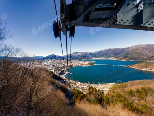 Preview: Kawaguchiko lake and snow mountain at Fujyoshida town take from ropeway