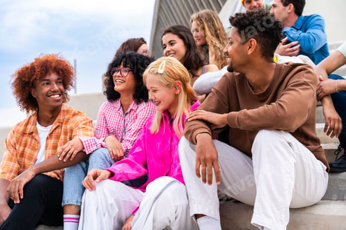 Preview: Happy playful multiethnic group of young friends bonding outdoors