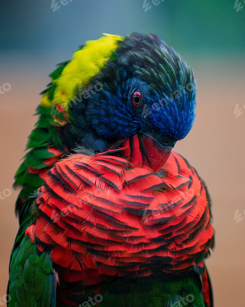 Preview: a colorful rainbow parrot is sitting on top of its head and neck