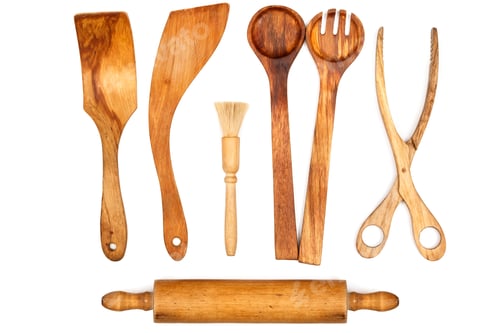 Preview: Wooden Kitchen Utensils for Cooking on White Background