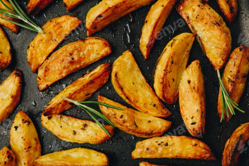 Preview: Roasted potatoes. Baked potato wedges with rosemary. Top view.