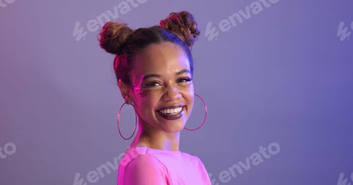 Preview: Portrait, woman and beauty with makeup, smile and confident model on studio background. Face, perso