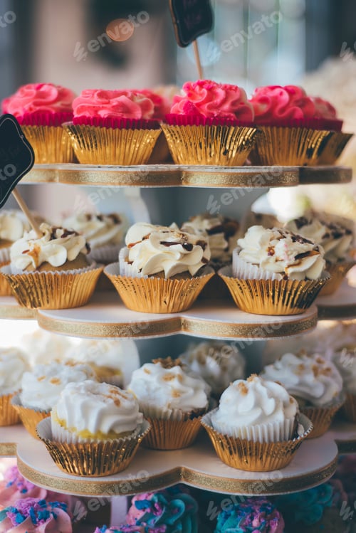 Preview: Assortment of gourmet cupcakes on a tiered stand