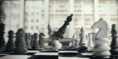 Preview: White chess king broken by the black king, on a chessboard, blur background. 3d illustration