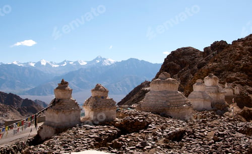 Preview: Buddhist stupa and Buddhist monastery in mountains of Ladakh, India.