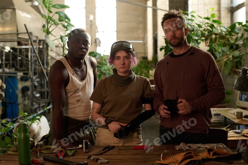 Preview: Three Diverse Engineers In Salvagepunk Workshop