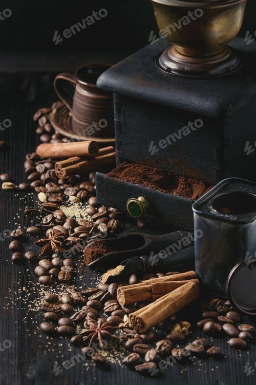 Preview: Black coffee beans with spices