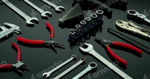 Preview: Set of mechanic tools. Chrome wrenches or spanners, hexagon socket, end cutter pliers, locking