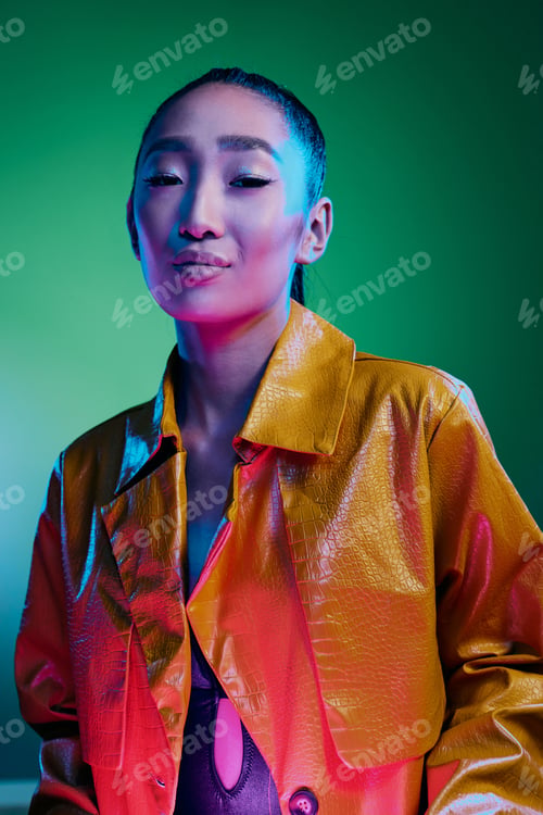 Preview: Purple woman fashion trendy yellow light green disco beauty multicolor neon hair studio colorful