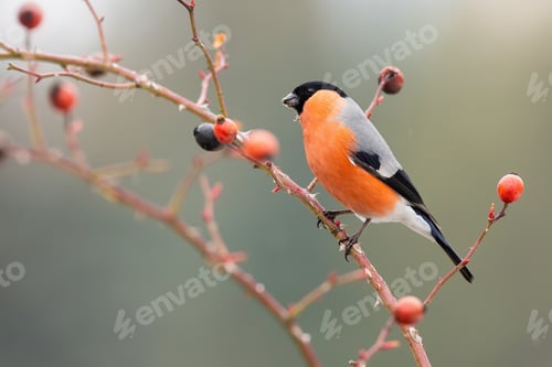 Preview: Male eurasian bullfinch sitting on rosehip in autumn