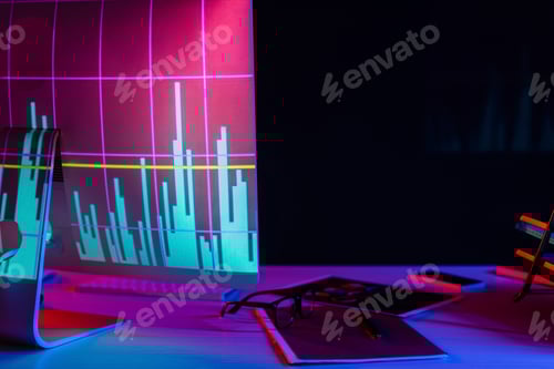 Preview: Charts reflecting on computer near paper folder and smartphone on table on black background