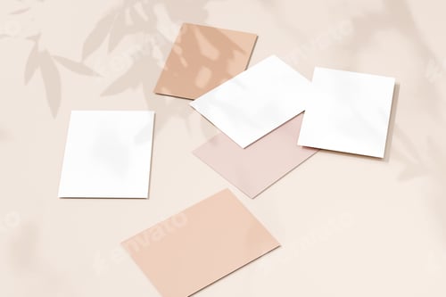 Preview: Business card Mockup. Natural overlay lighting shadows the leaves. 3d render
