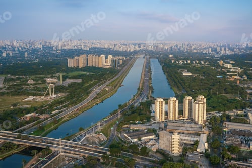 Preview: Aerial View of Pinheiros River, Villa Lobos Park and USP Olympic Lane - Sao Paulo, Brazil