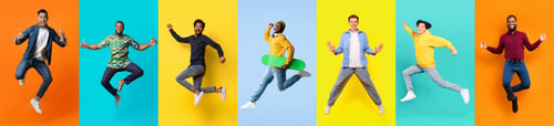 Preview: Diverse Men in Mid-Jump Against Multicolored Backgrounds