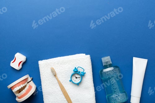 Preview: Mouthwash and other oral hygiene products on colored table top view with copy space.