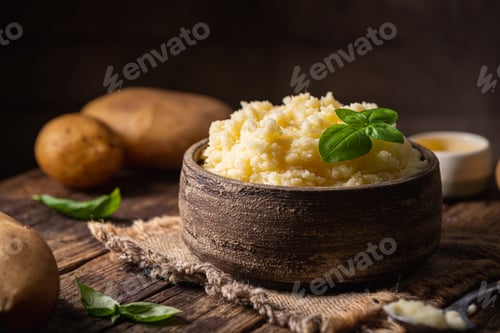 Preview: Mashed potatoes in ceramic bowl on wooden rustic table. Healthy food