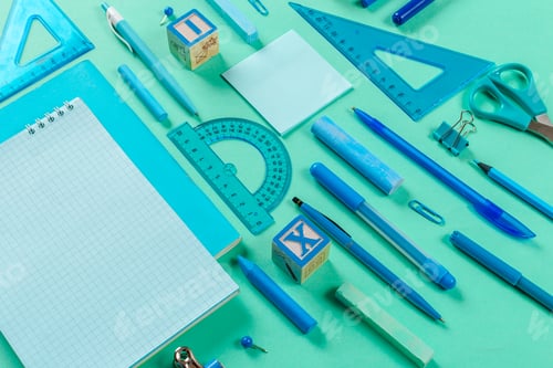 Preview: School and office supplies. Top view.