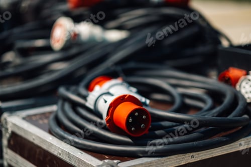Preview: Power cable lying on top of wooden crate outdoors