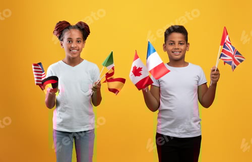 Preview: Happy black kids posing with various flags