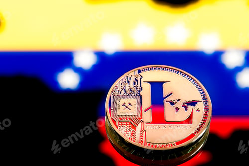 Preview: coins litecoin, amid Colombia flag, concept of virtual money, close-up. Conceptual image.