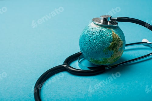 Preview: Stethoscope connected with globe on blue background, world health day concept