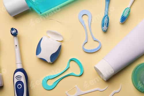 Preview: Flat lay composition with tongue cleaners and teeth care products on color background