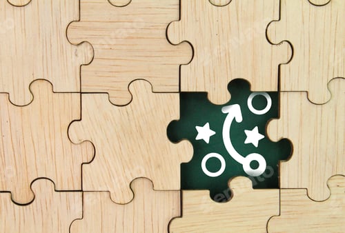 Preview: wooden puzzle with Planning, strategy or tactics icons. the concept of business strategy or business