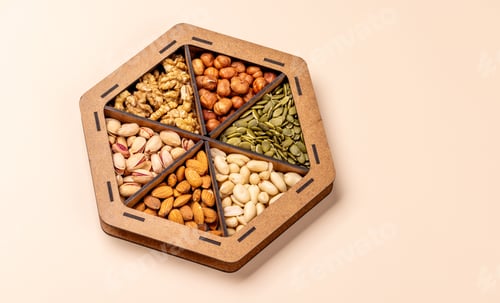 Preview: A vibrant assortment of various nuts, including almonds, walnuts, hazelnuts, cashews, and pistachios
