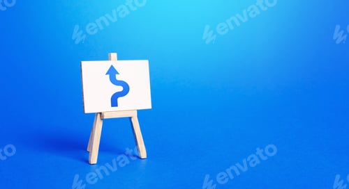 Preview: An easel with a blue arrow avoiding an obstacle. Maneuvering, taking right action. Deviation from th